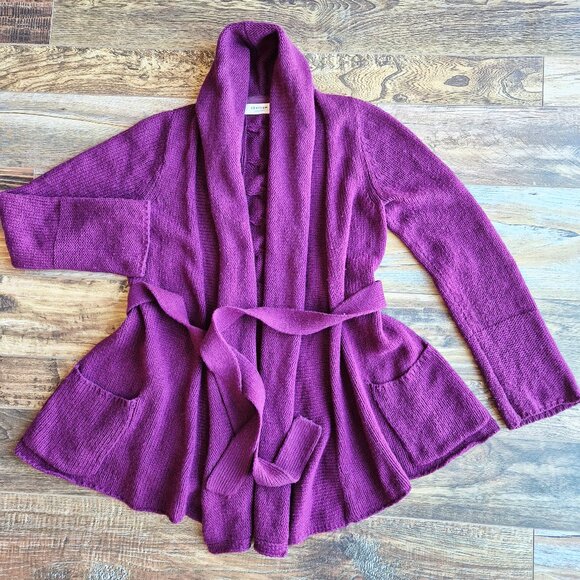 Sparrow Wool Blend Tie-Waist Shawl Neck Cardigan Pocket Purple - Picture 3 of 11